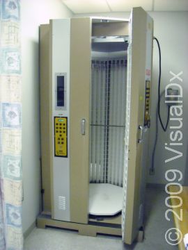 Phototherapy units deliver safe doses of therapeutic UV light.
